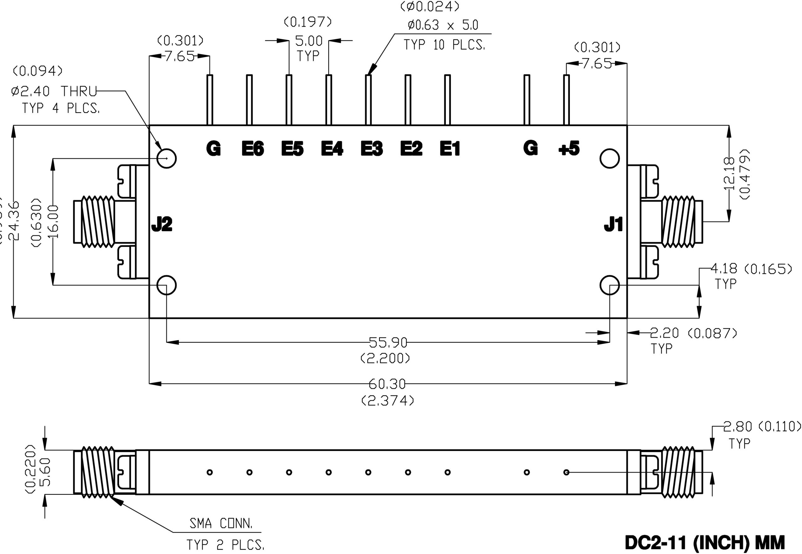 Series SA-011 attenuator package type and dimensions diagram
