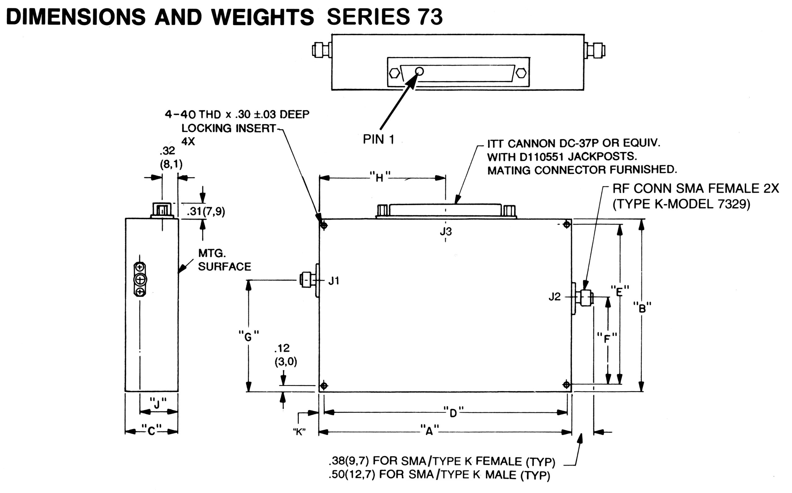 Dimensions and weights for Series 73