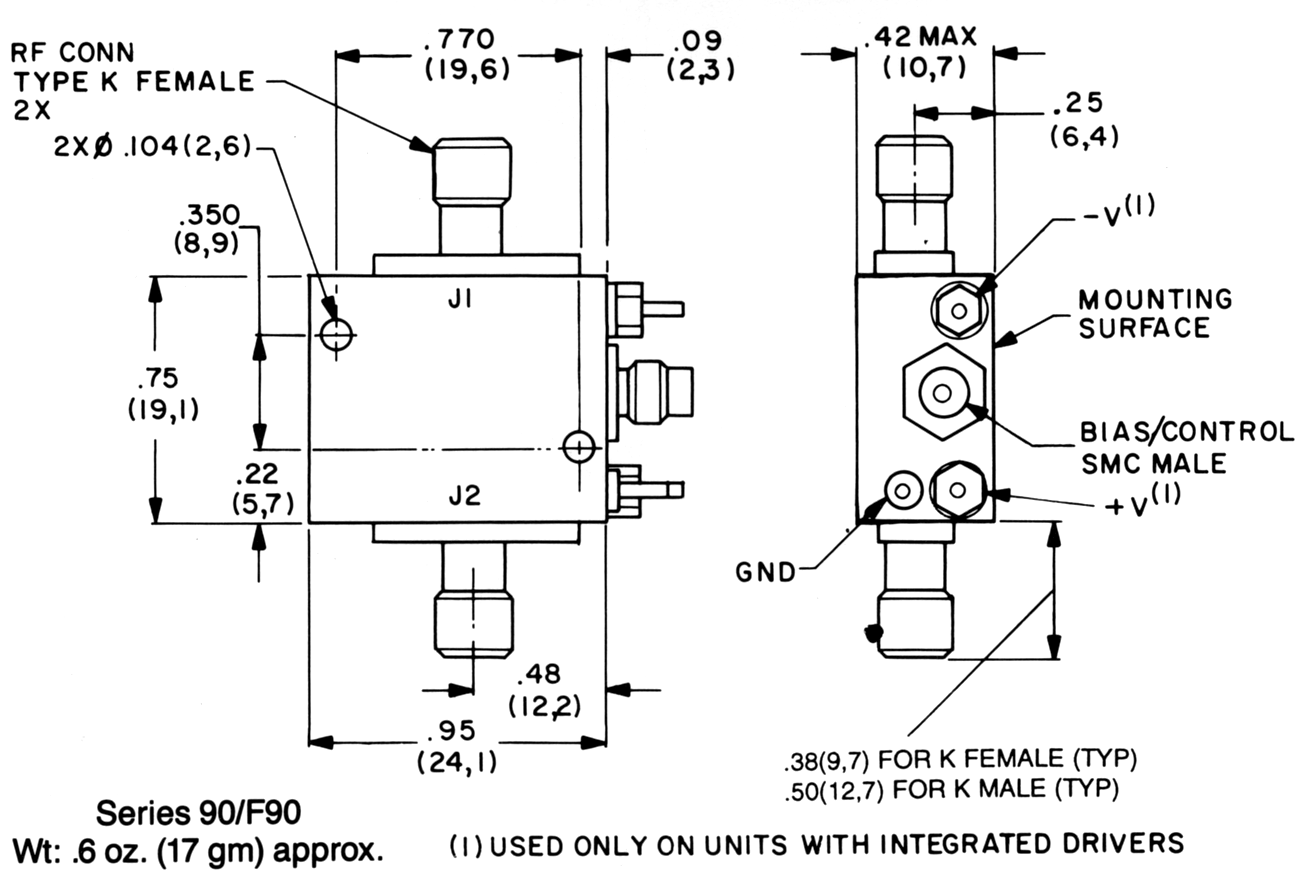 Dimensions and Weight for Series F90 Millimeter Wave Switches